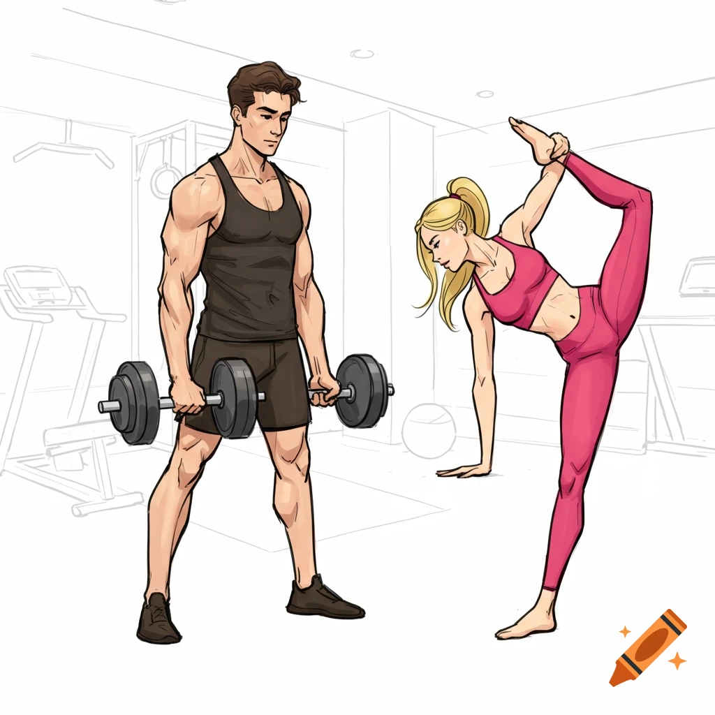 Illustrated drawing of a man lifting weights and a woman doing a yoga pose in a gym.