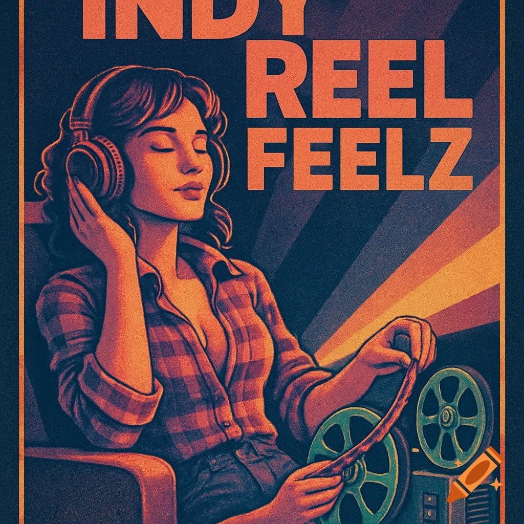 Retro poster of a woman with headphones and a film reel, text reads "INDY REEL FEELZ".