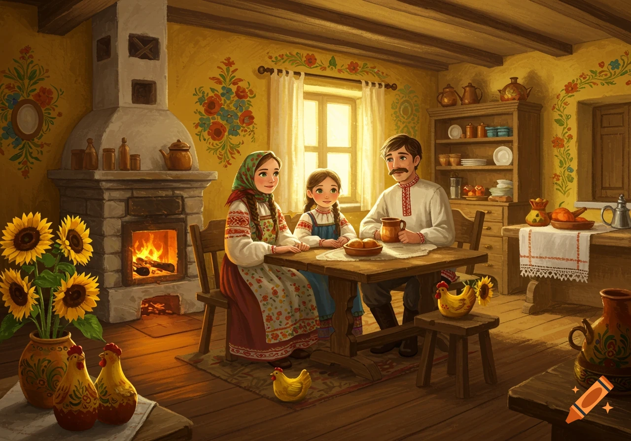 A family sits at a table in a rustic kitchen with a fireplace, in a Russian fairy tale illustration style.