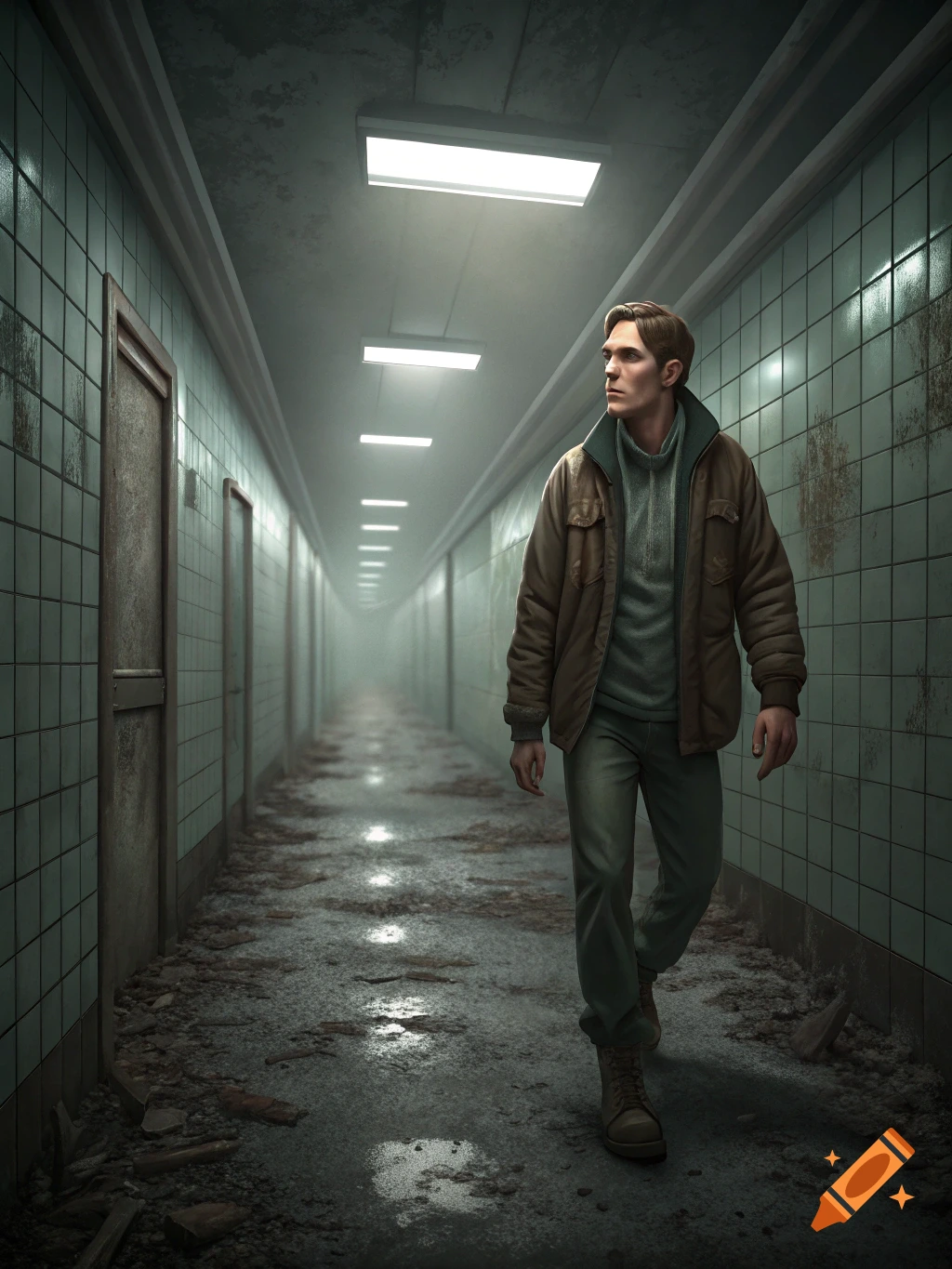 A man walks down a long, dimly lit, dirty tiled hallway.
