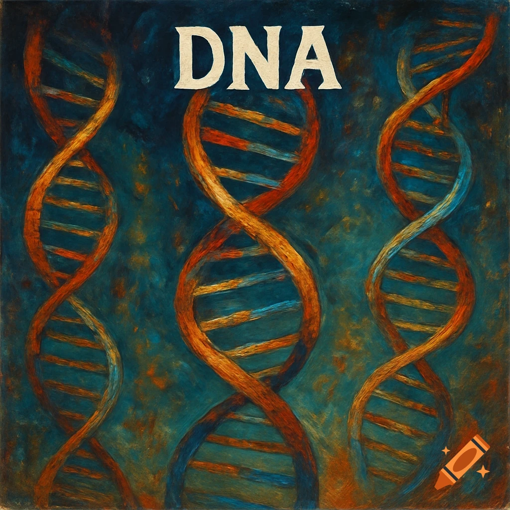 Stylized painting of DNA strands with the word DNA
