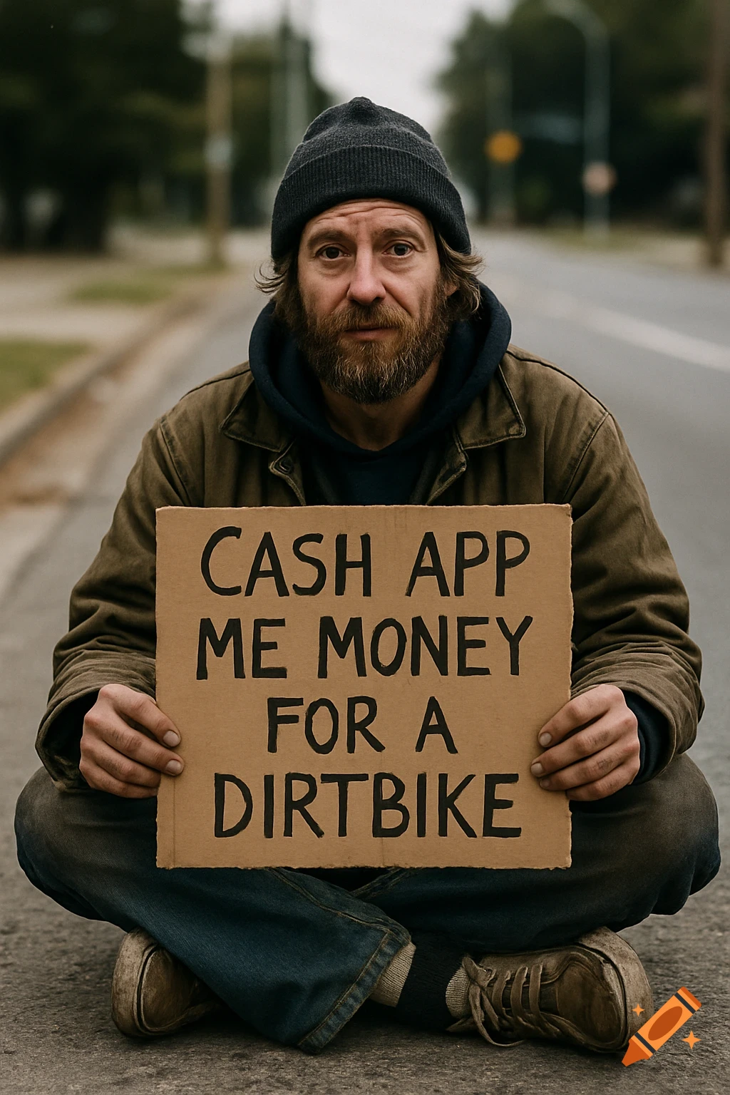 Man holding a sign saying 'Cash app me money for a dirtbike' while sitting on the street.