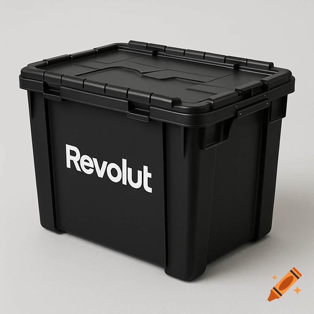 A black plastic storage box with the word Revolut printed on the side.