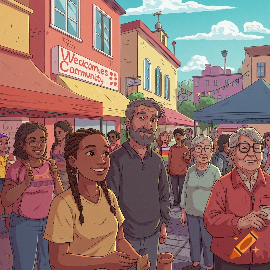Diverse group of people gathered at an outdoor community market, illustration.