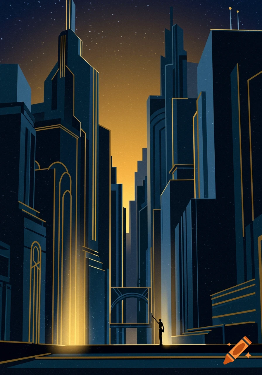 An art deco cityscape with tall buildings in blue and gold under a starry sky, a small figure stands in a beam of light.