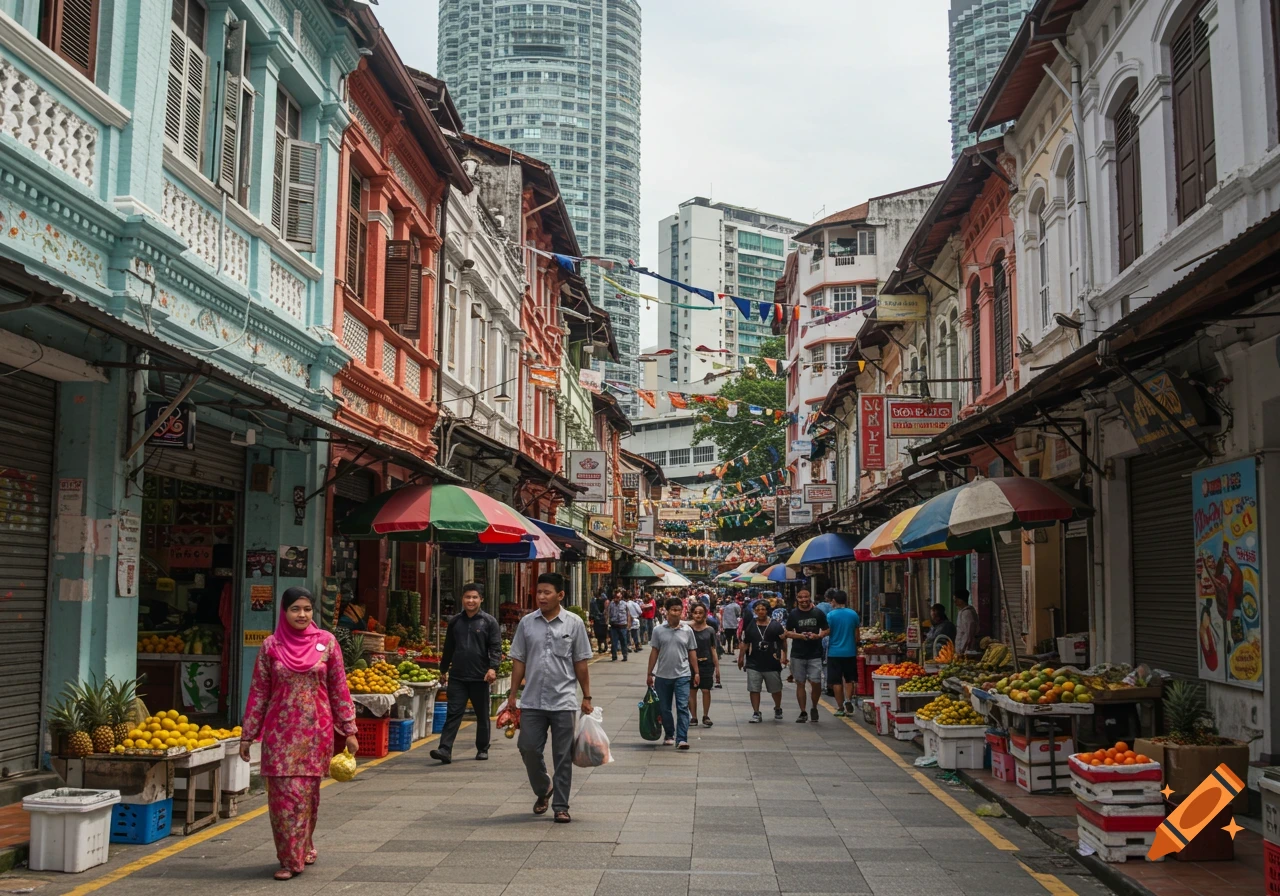 A busy street market scene with colorful colonial-style buildings, market stalls selling fruit, and people walking