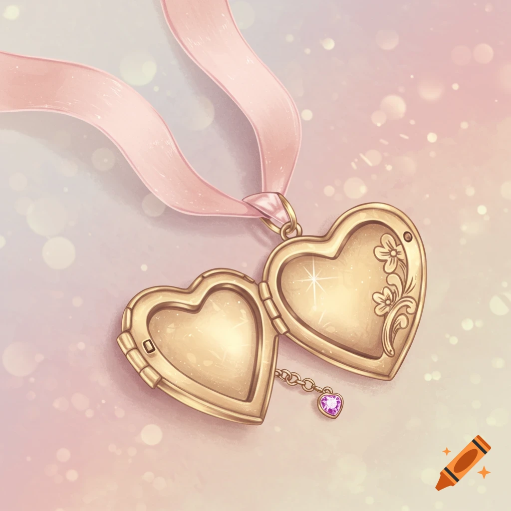 An opened golden heart locket hangs from a pink ribbon against a blurry background with bokeh lights.