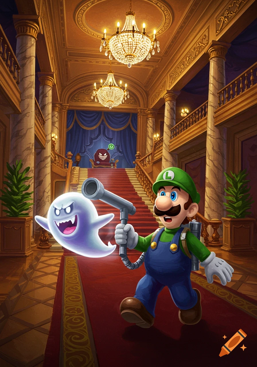 Luigi hunting a ghost in a grand mansion hallway with chandeliers.