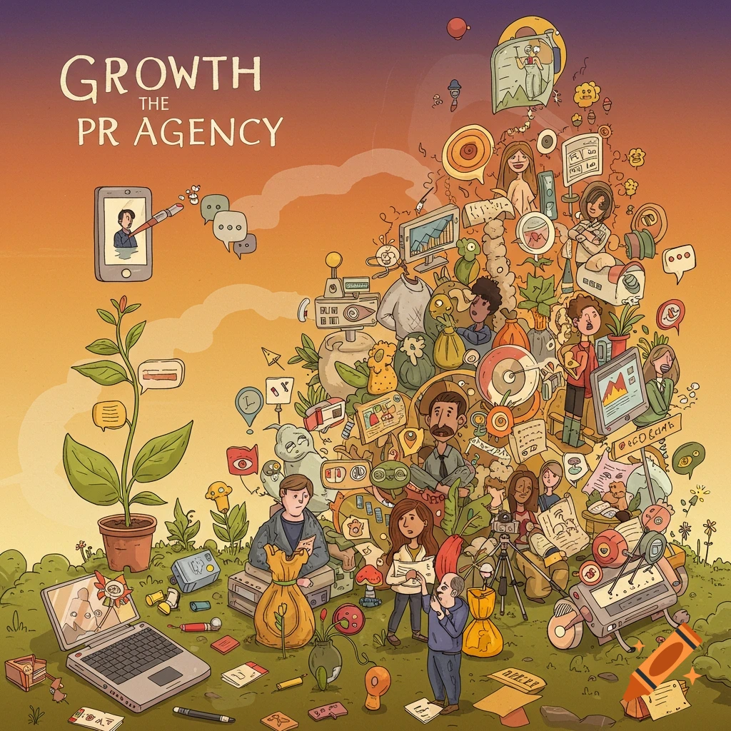Stylized illustration depicting the growth of a PR agency with a plant and various business-related objects and people, titled 'GROWTH THE PR AGENCY'.