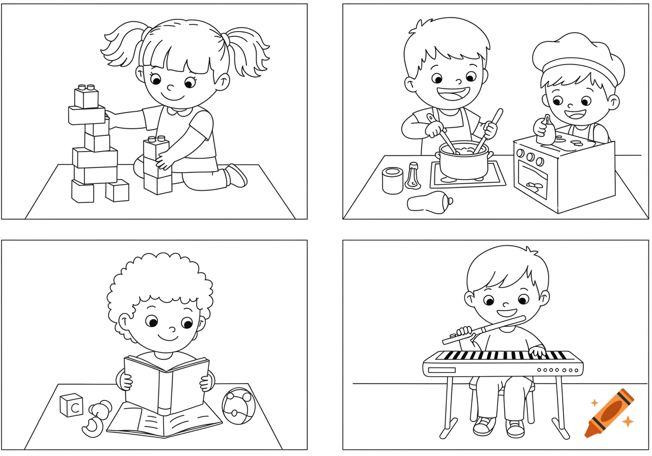 Line art coloring page with scenes of children playing blocks, cooking, reading, and playing music.