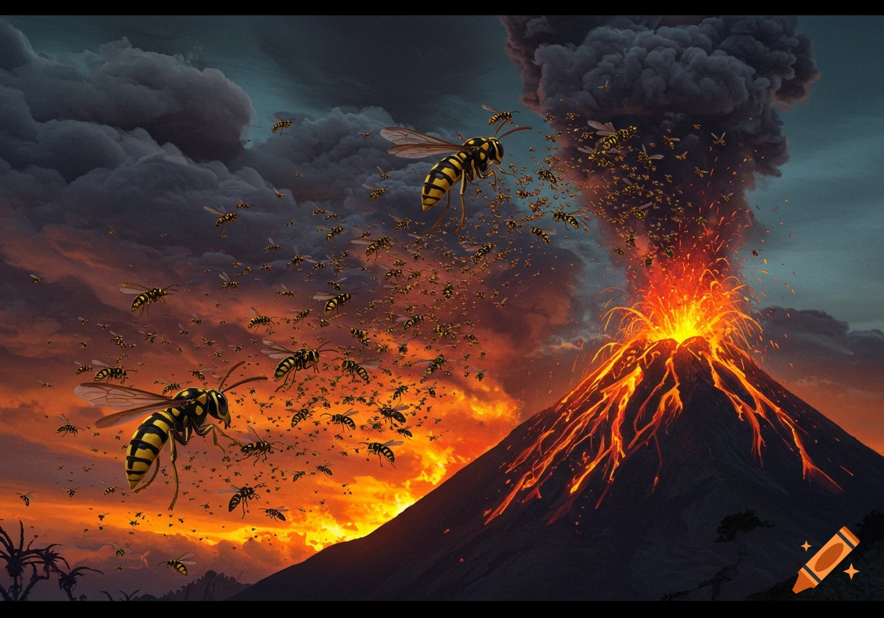 Swarm of wasps flying from an erupting volcano under an orange sky