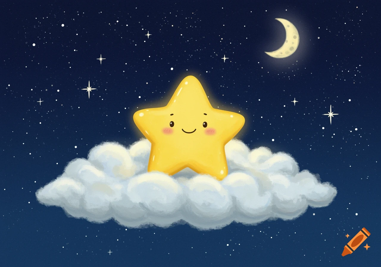 A cute yellow star with a smiling face rests on a cloud in a starry night sky with a moon.