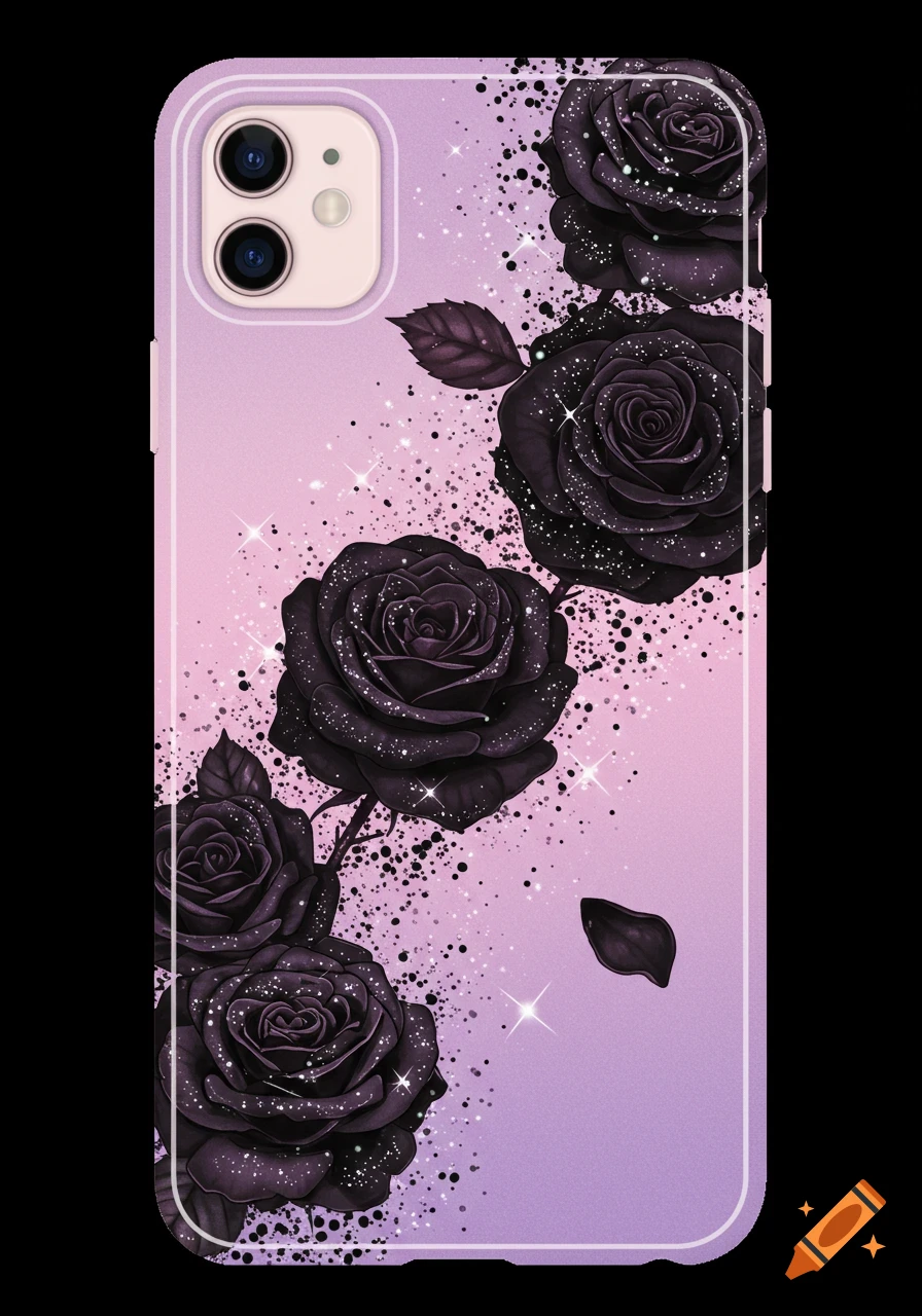 Phone case design with black roses and glitter on a purple and pink gradient