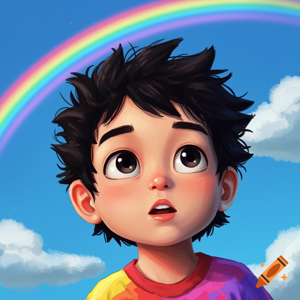 Cartoon boy looks up at a rainbow in a blue sky.
