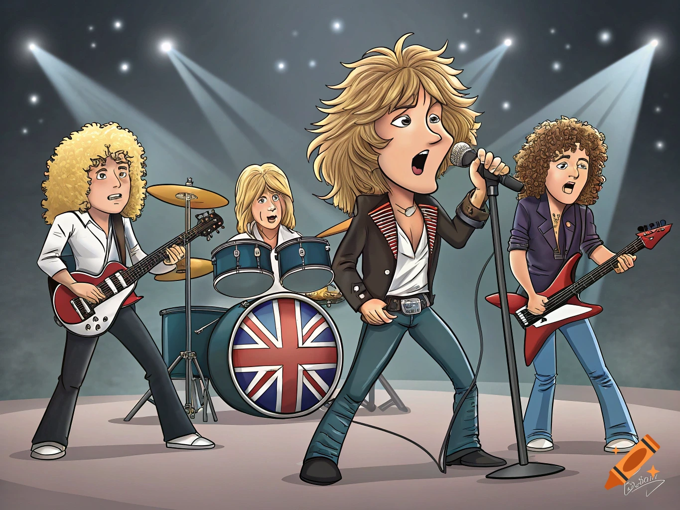 A cartoon rock band performs on stage with guitars, drums, and spotlights.