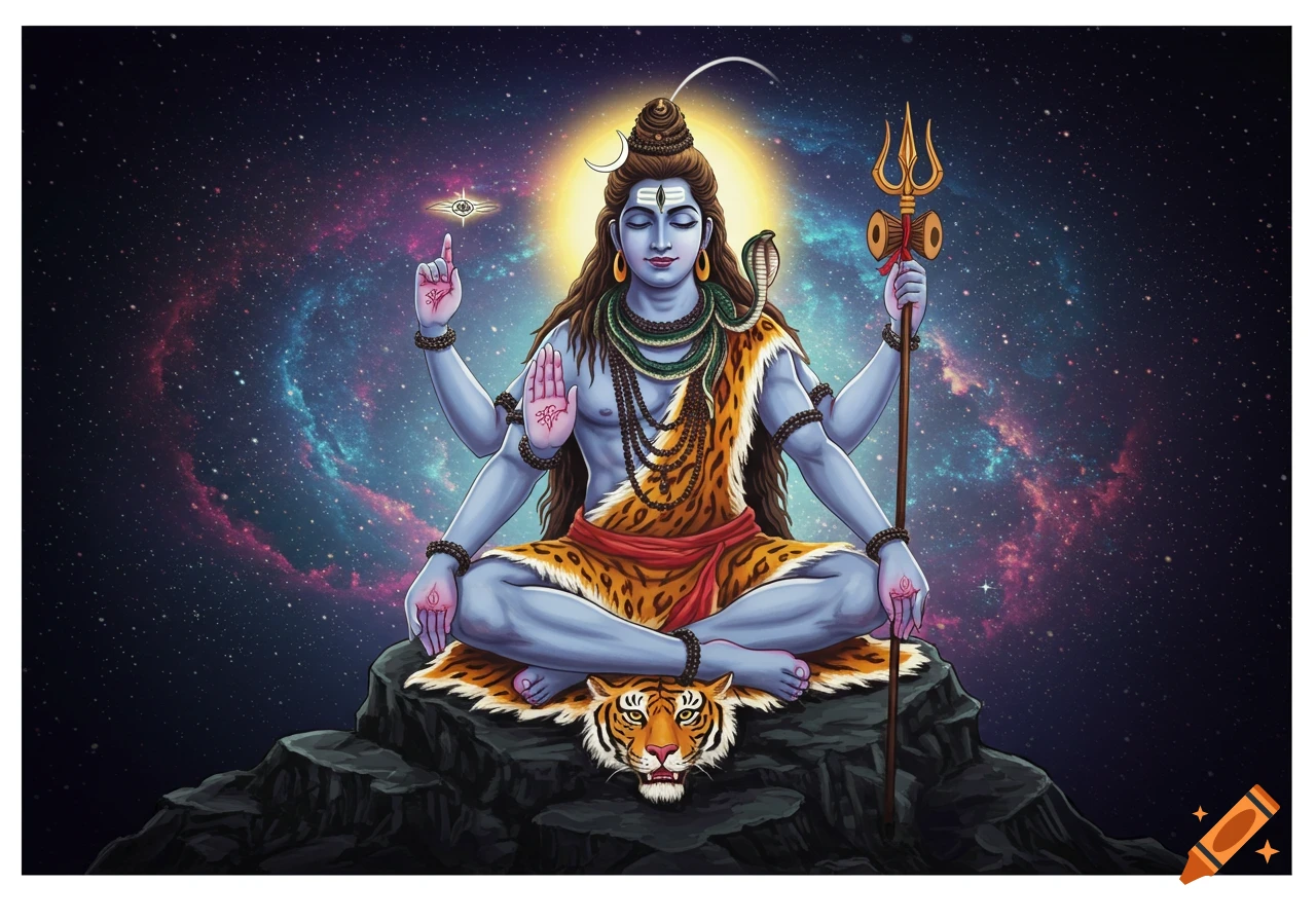 Illustration of Lord Shiva meditating on a rock with tiger skin rug, cosmic background.