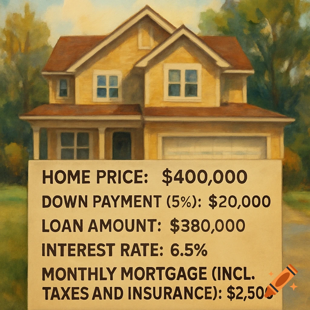 Painterly image of a house with a sign displaying mortgage details.