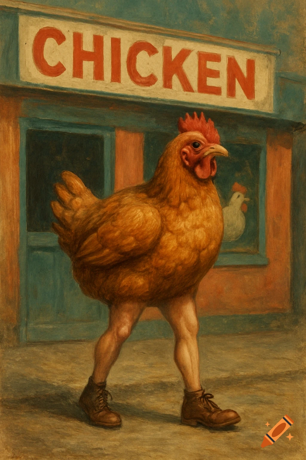 Painting of a chicken with human legs walking past a storefront with a sign reading "CHICKEN".