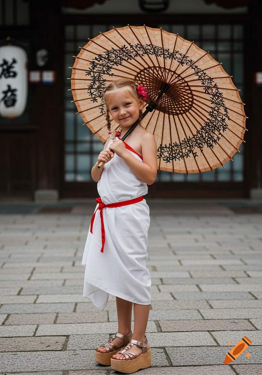 A young girl in a white dress and platforms holds a Japanese umbrella and smiles in front of a building.