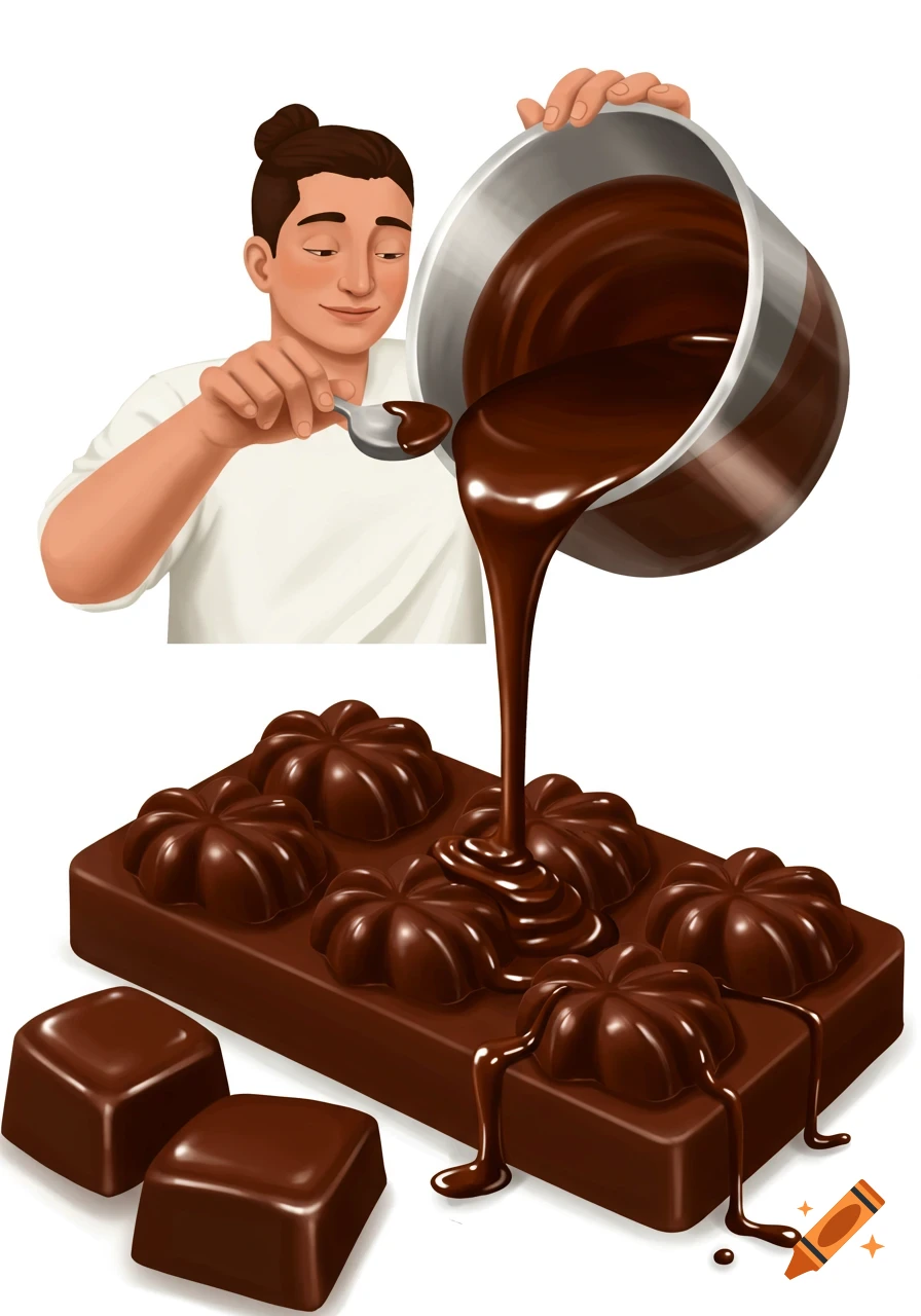 Illustration of a person pouring melted chocolate into a candy mold