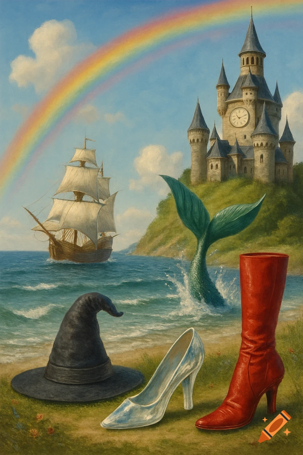 Fantasy landscape painting with castle, ship, mermaid tail, rainbow, witch hat, glass slipper, and red boot on beach.