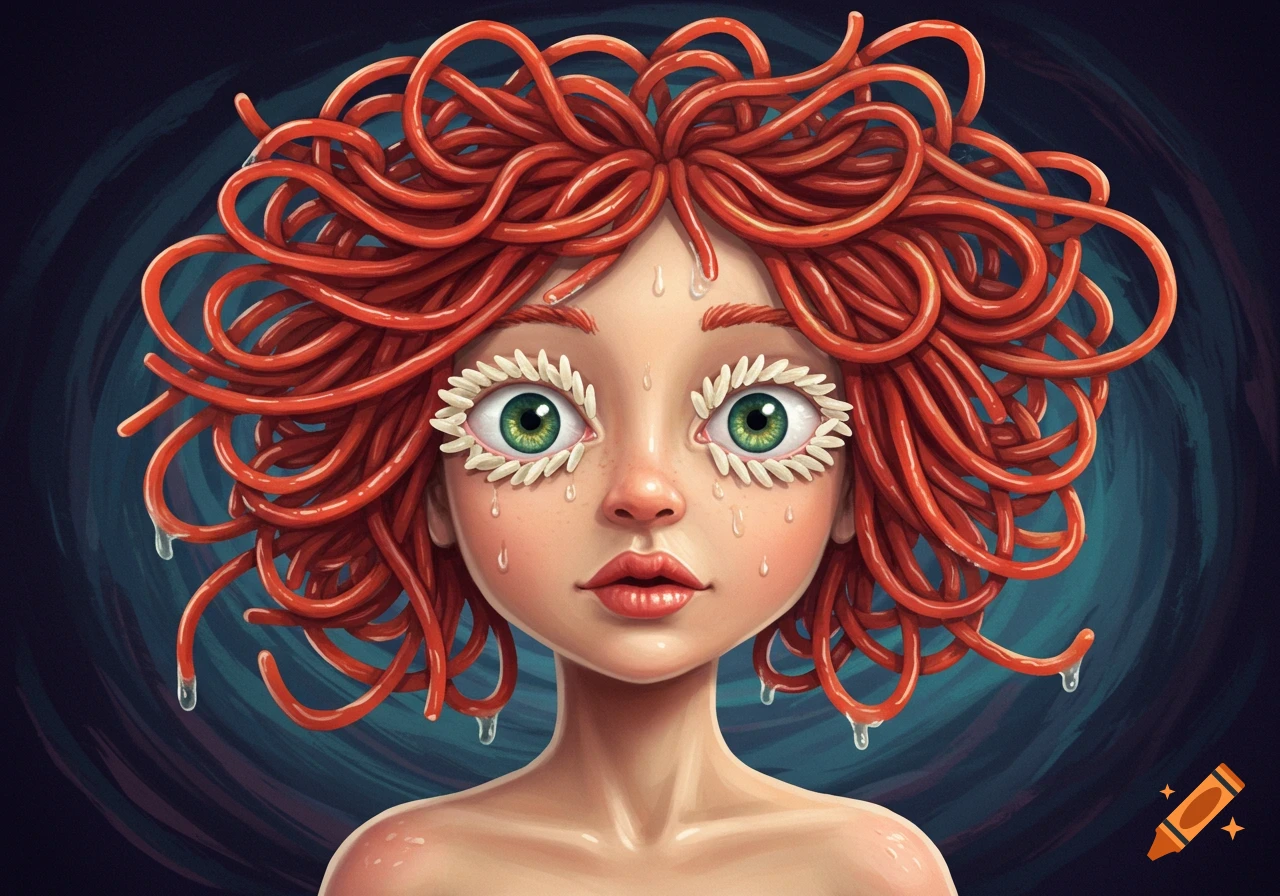 Stylized portrait of a person with red spaghetti hair and rice grain eyelashes, dripping water