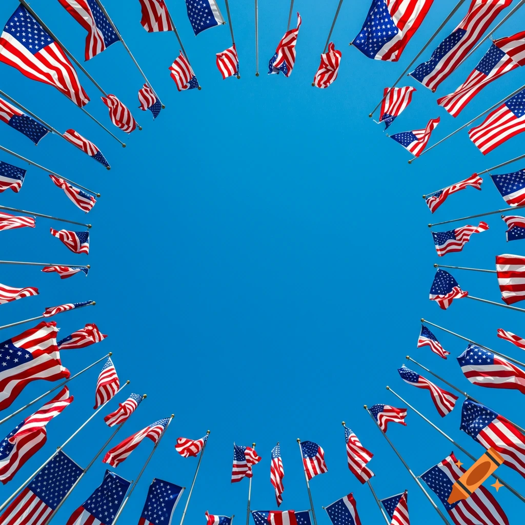 Many American flags fly in a circle against a bright blue sky, viewed from below.