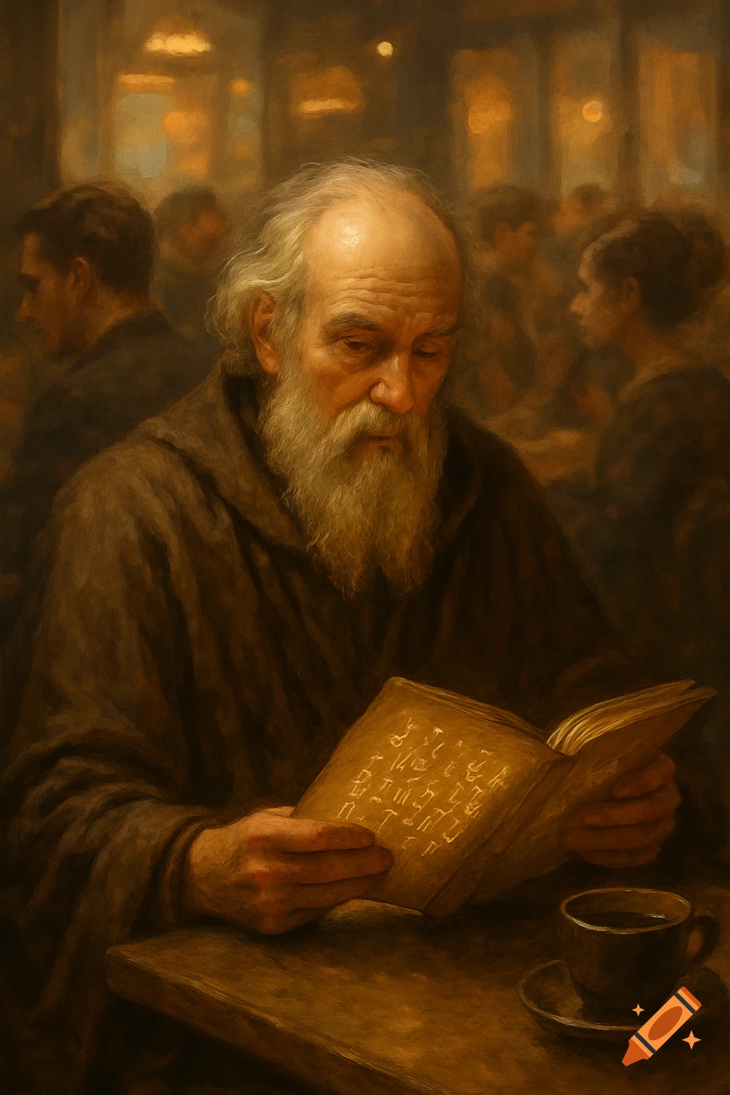 An old man with a long beard reads a book filled with glowing symbols in a painterly cafe scene.