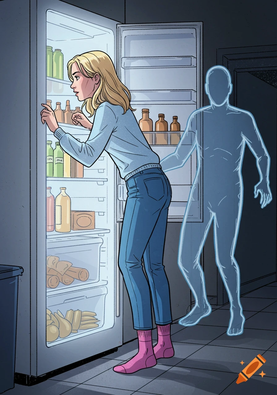 A blonde woman opens a fridge with a glowing ghost figure behind her, in a comic art style.