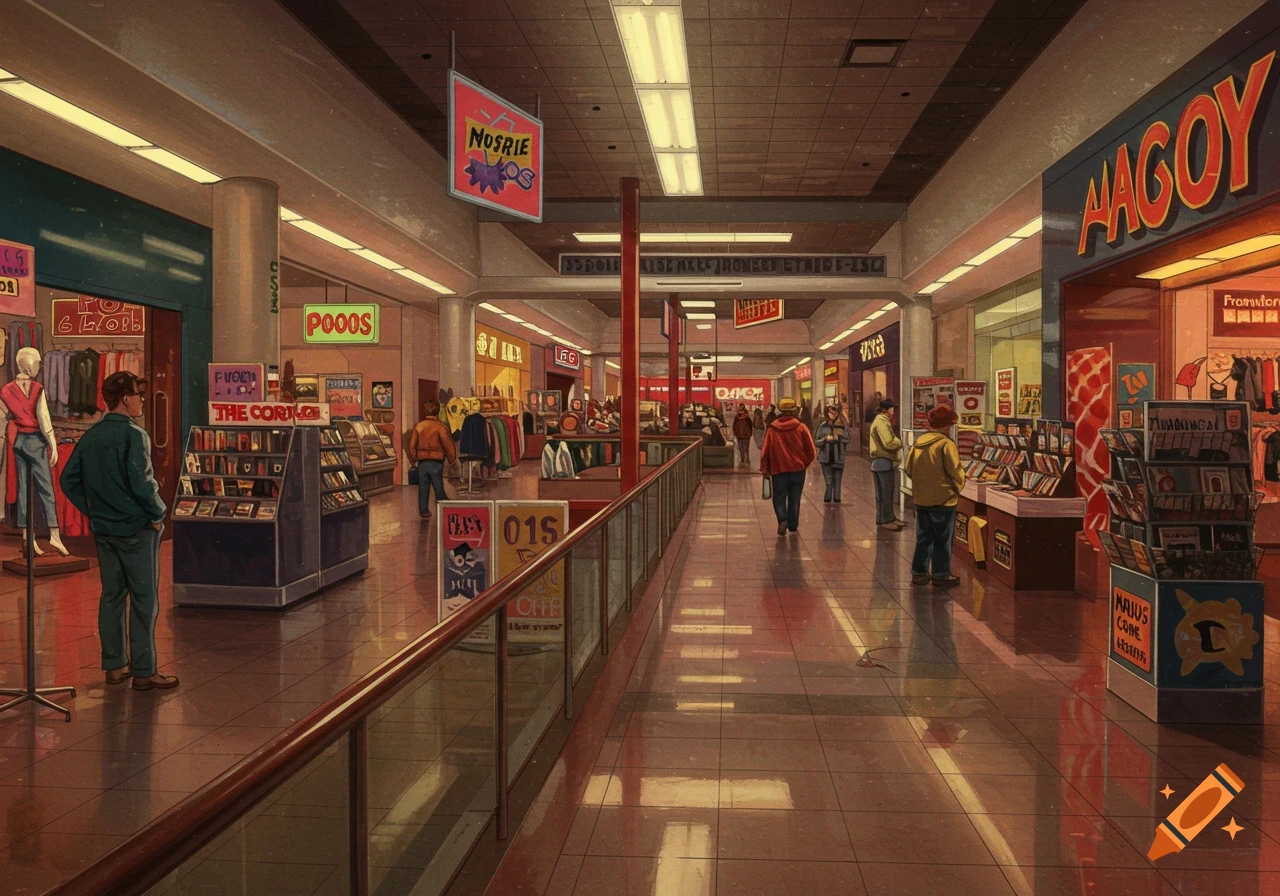 Illustration of the interior of a 1990s shopping mall with stores, people, and signs.