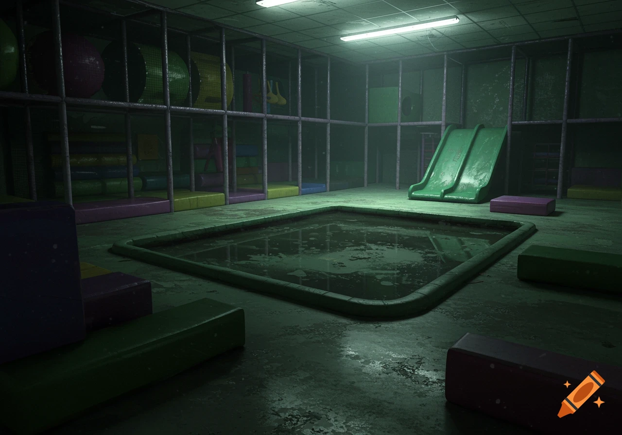 An empty, eerie indoor playground with a murky pool, slides, and colorful pads.