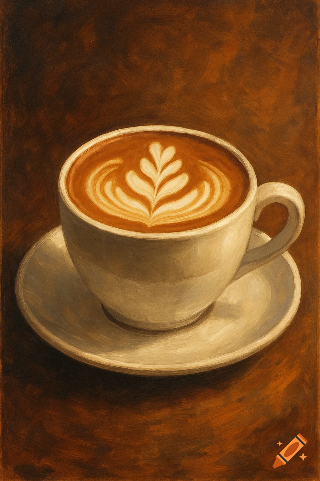 Close-up of a cup of coffee with detailed latte art on a saucer, rendered in a textured painterly style.
