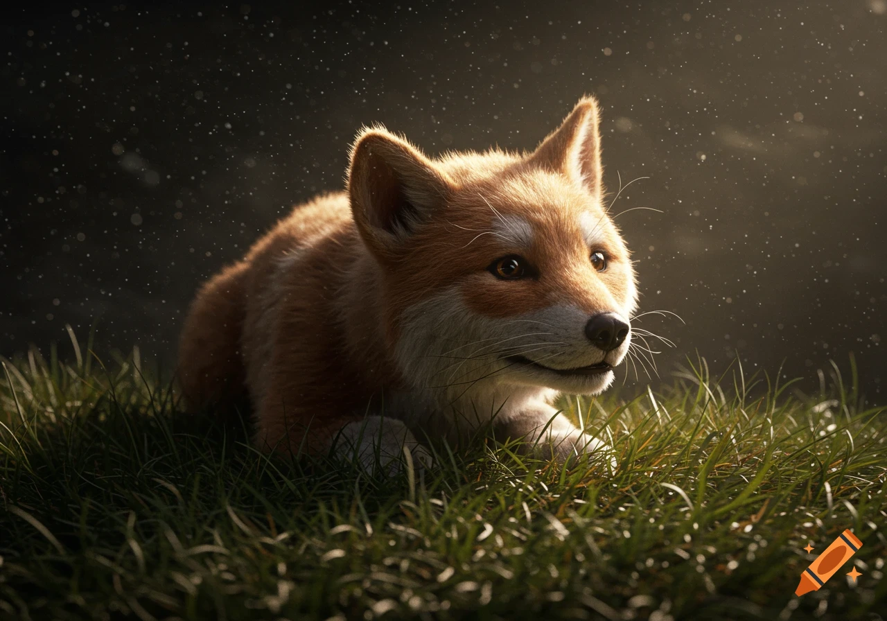 A cute fox kit lays in sunlit grass