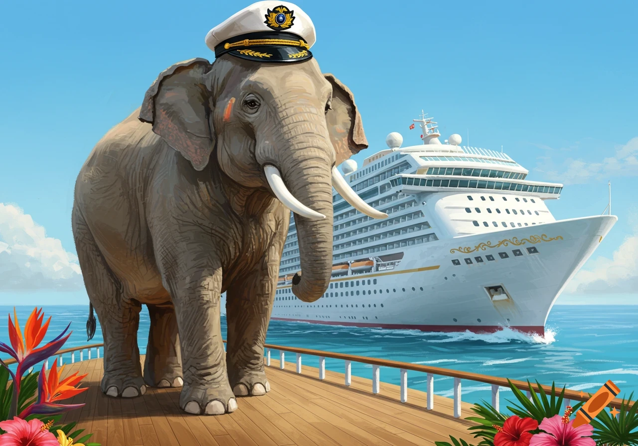 An elephant wearing a captain's hat stands on a deck with a cruise ship behind it.