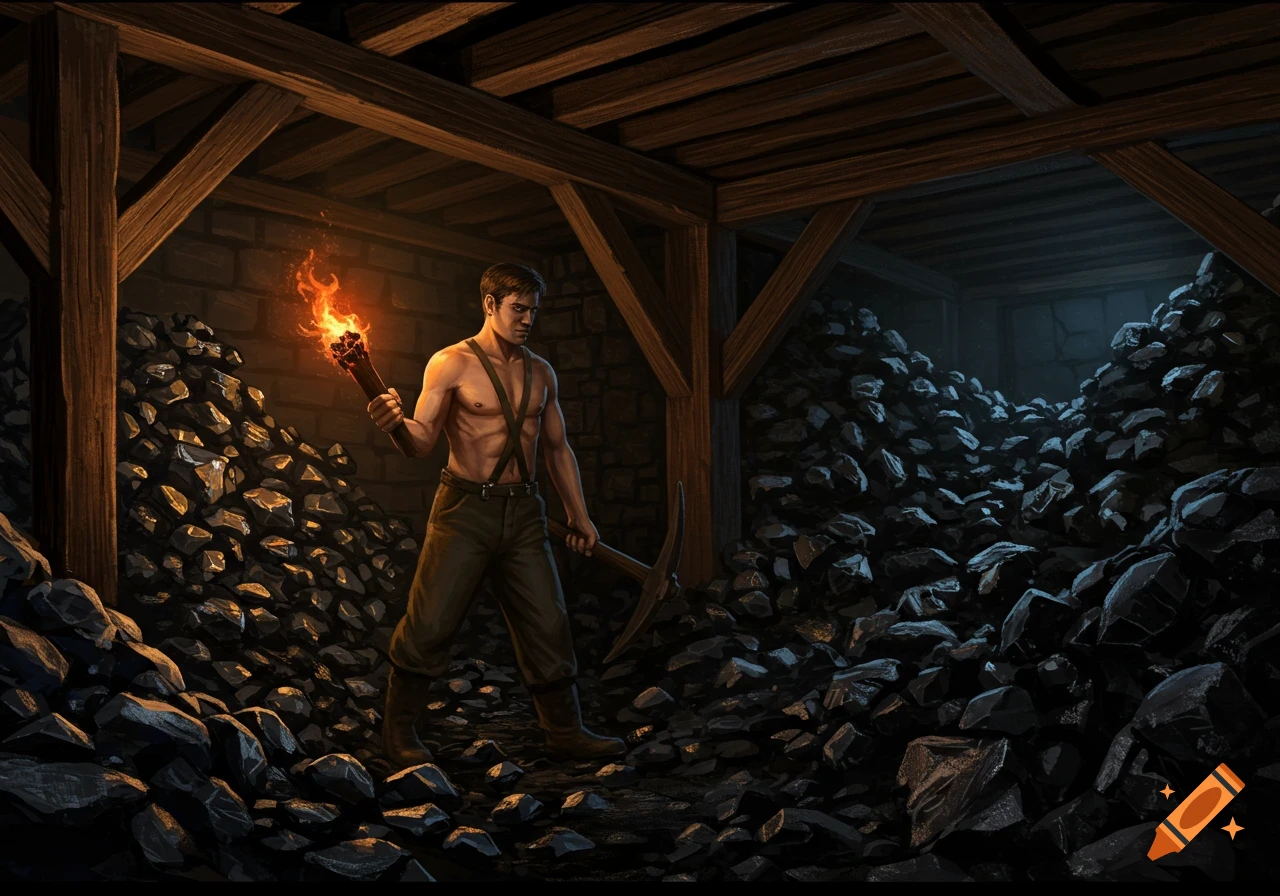Illustration of a shirtless man with a torch and pickaxe in a dark mine