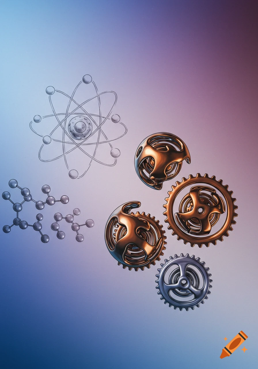 A drawing of an atom, a molecule structure, and three metallic gears on a gradient background.