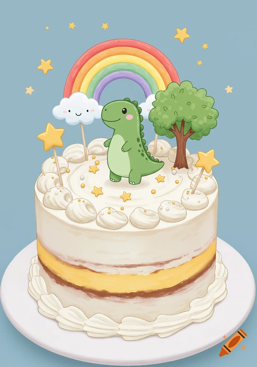 Illustration of a birthday cake decorated with a green dinosaur, rainbow, tree, and stars.