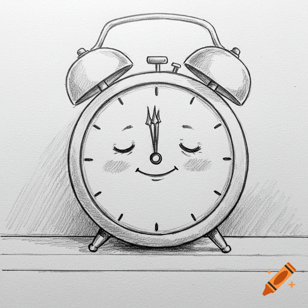 Pencil sketch of a relaxed cartoon alarm clock with a smiling face.