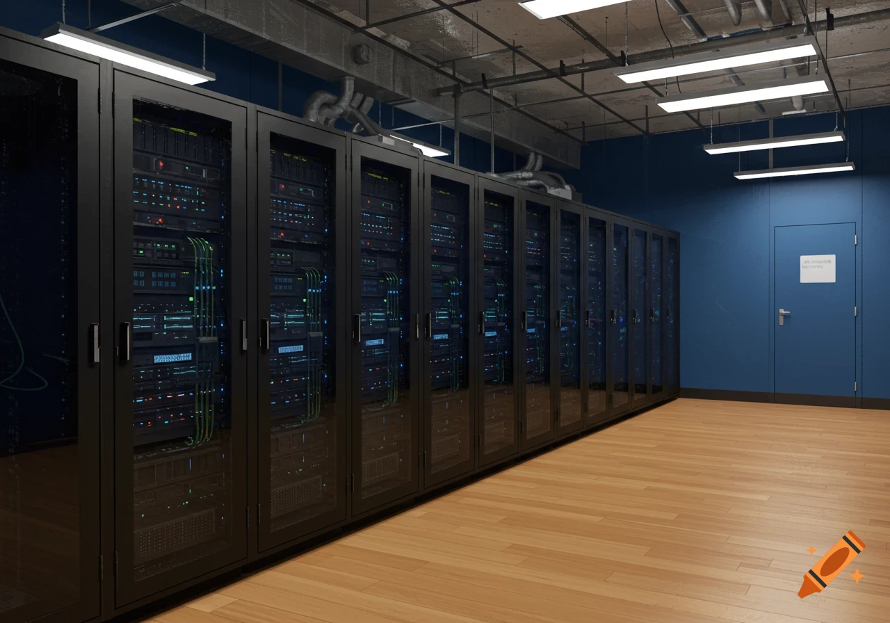 A server room with rows of black server racks against a blue wall and wooden floor.