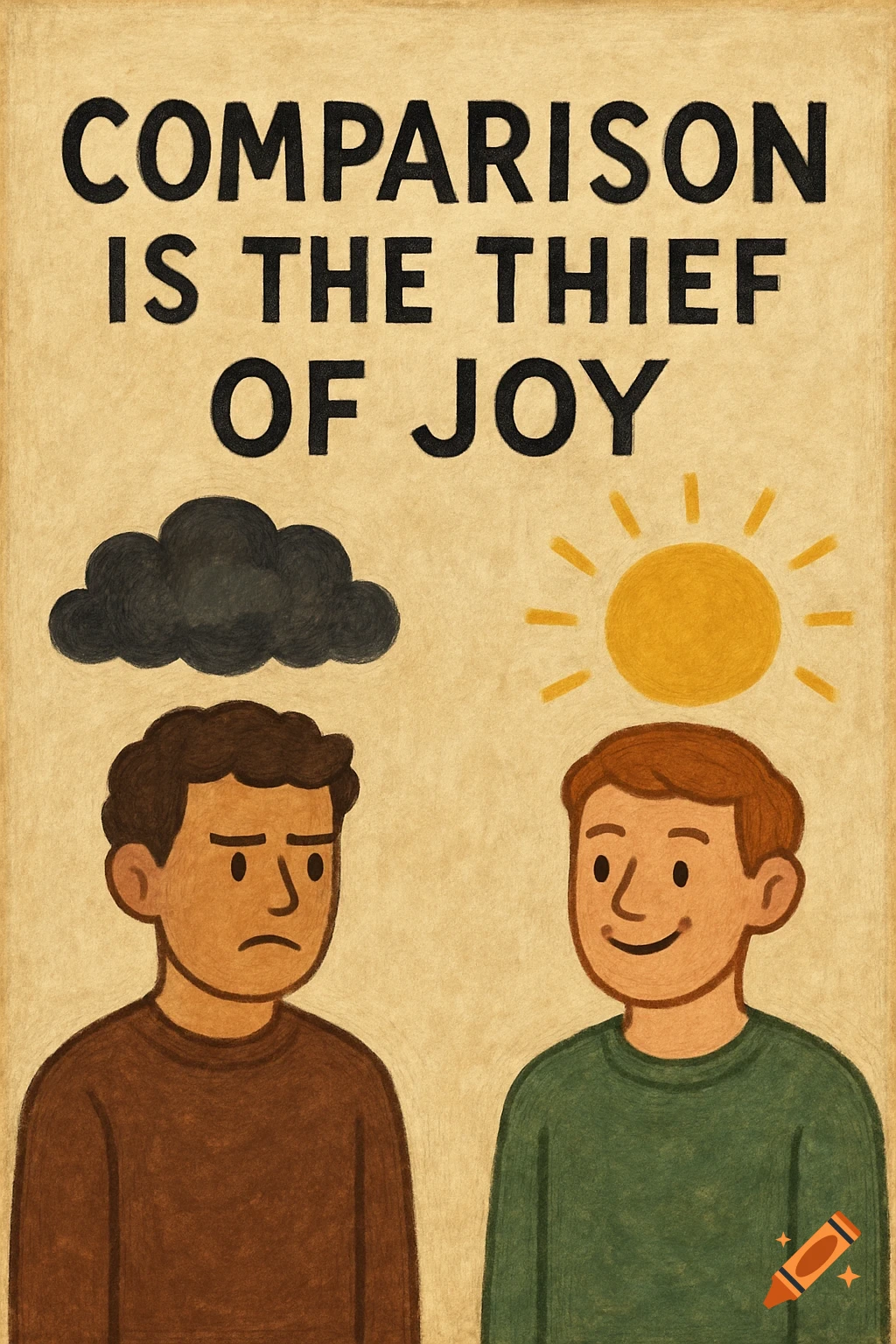 Illustration with text 'COMPARISON IS THE THIEF OF JOY'. A sad man under a cloud is next to a happy man under the sun.