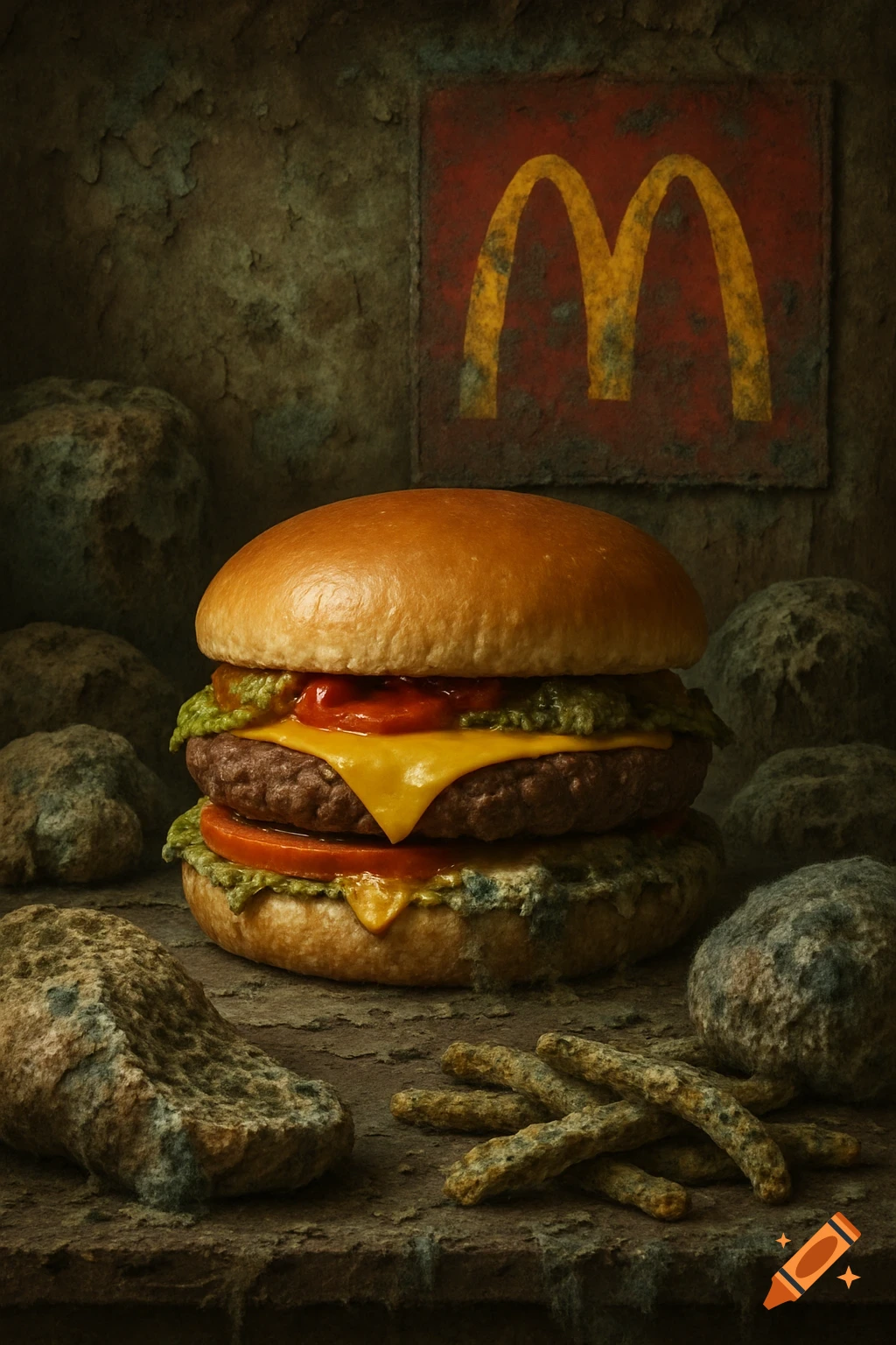 A realistic cheeseburger sits on a grungy surface surrounded by rocks and moldy items, with a weathered McDonald's logo on the wall behind it.
