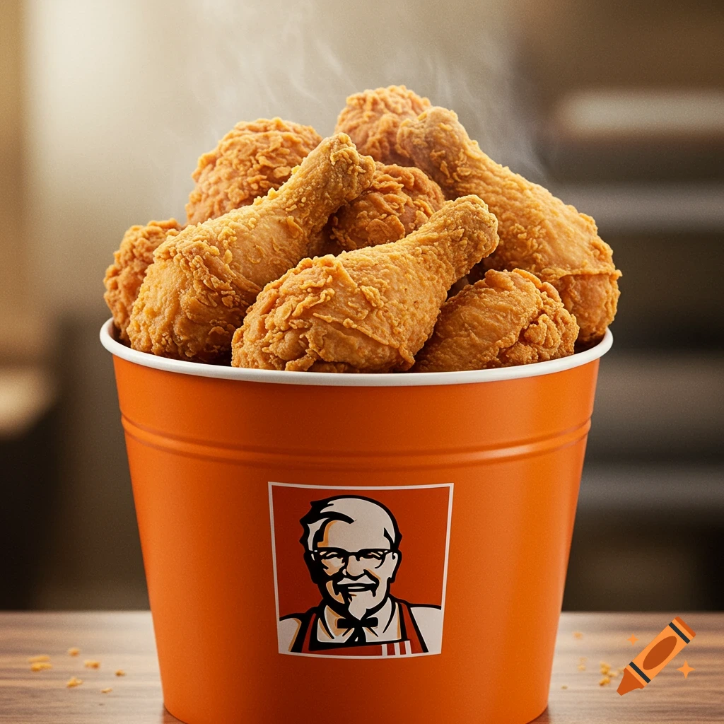 A large orange bucket filled with fried chicken legs and pieces. The bucket has a logo resembling Colonel Sanders on the front.