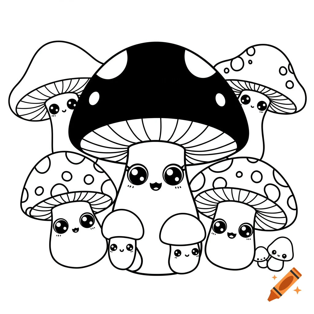 Black and white illustration of several kawaii mushrooms with faces.