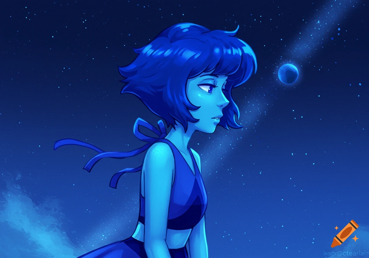 Anime illustration of Lapis Lazuli looking at a moon in a starry night sky