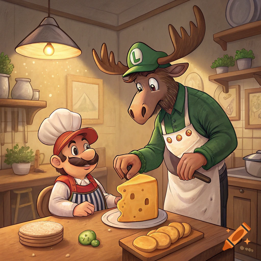 Cartoon illustration of Mario and a moose wearing a Luigi hat and apron, cutting a block of cheese in a kitchen.