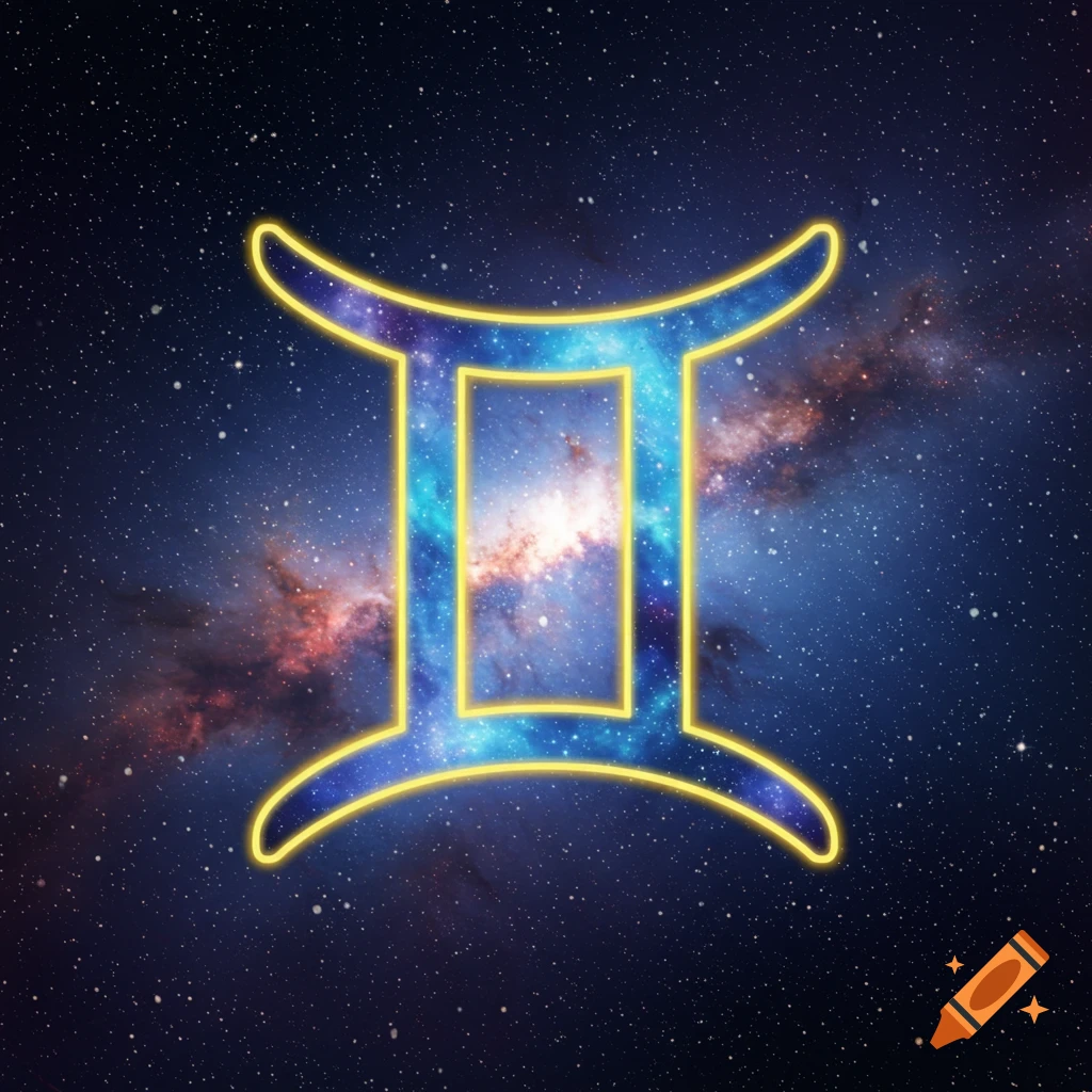 Gemini zodiac symbol glowing against a starry space background with a nebula