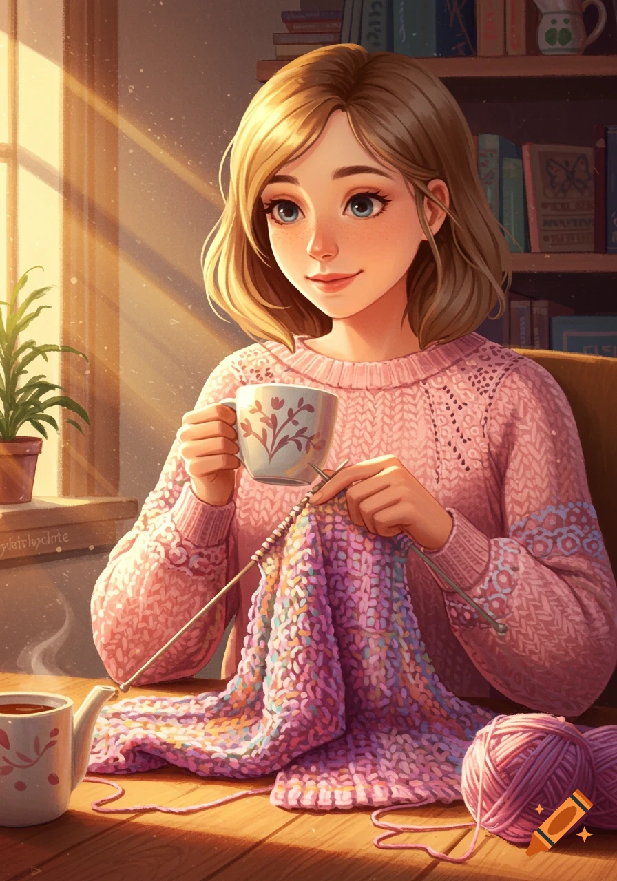 An illustration of a young woman knitting a colorful blanket while holding a cup of tea in a sunlit room.