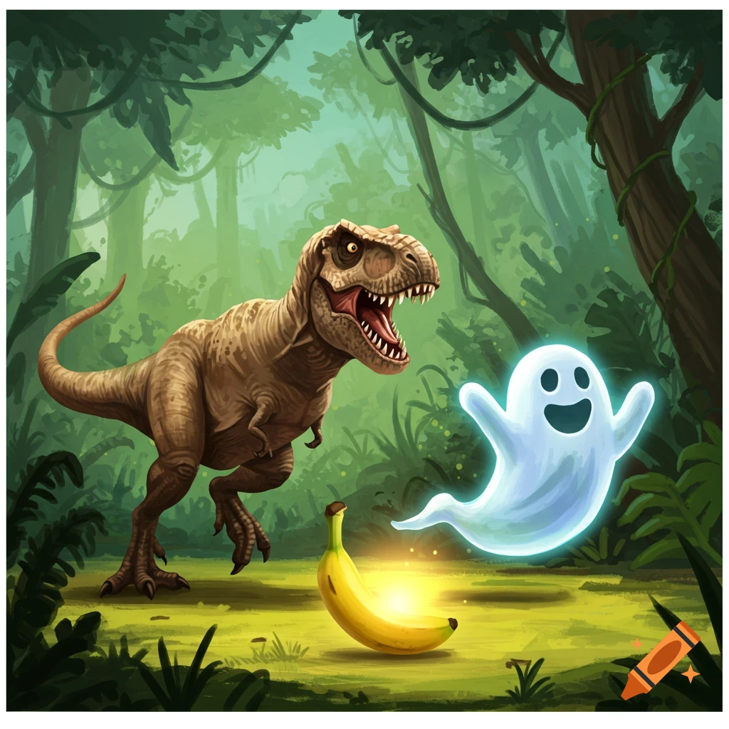 A cartoon T-Rex and a ghost look at a glowing banana in a jungle.