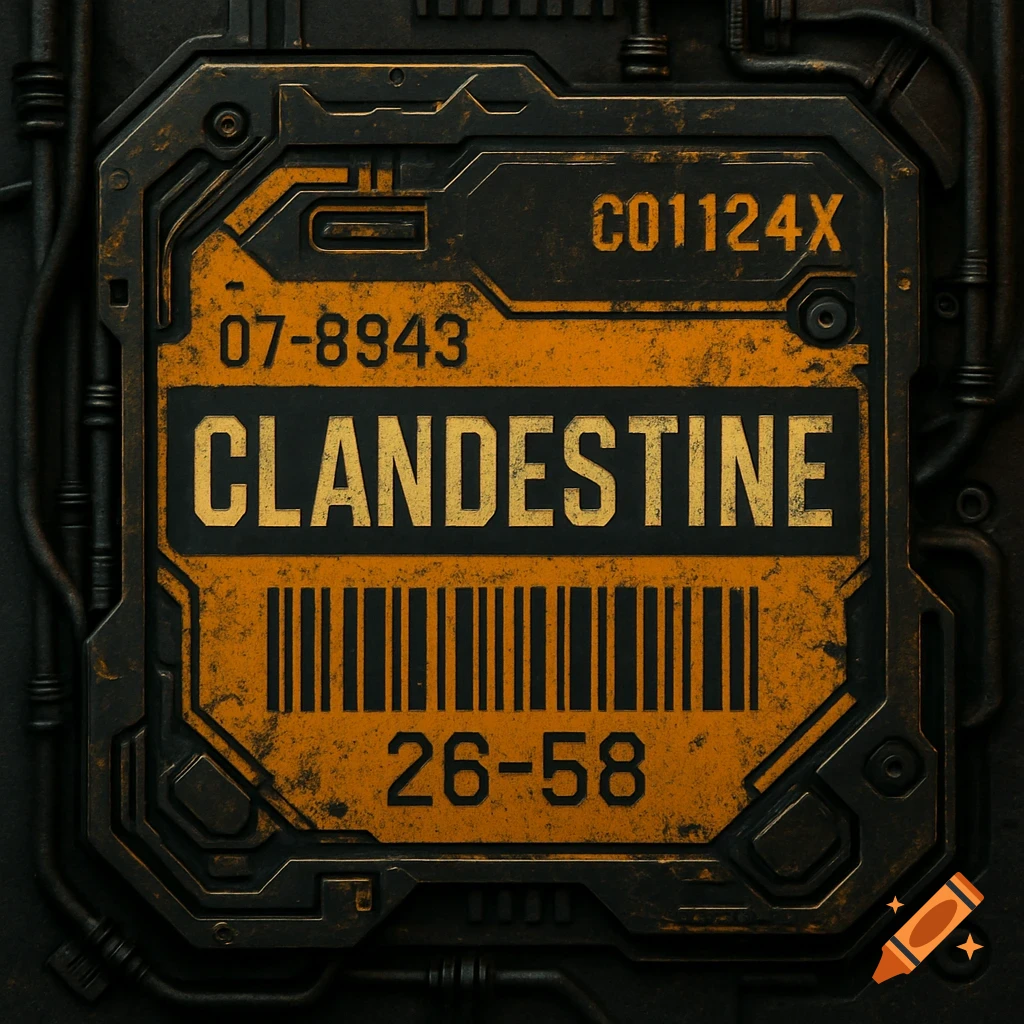 Cyberpunk style industrial label with CLANDESTINE, numbers, and barcode