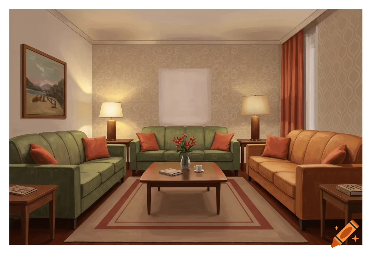 A 1960s style living room with green and orange sofas, a coffee table, and side tables.